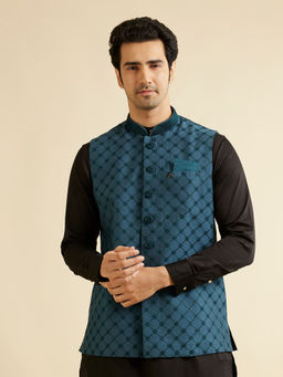 Manyavar - Teal Blue Blended Viscose Jacket