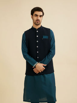 Manyavar - Navy Blue Blended Rayon Jacket