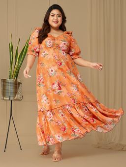 Miss Chase - A+ Curve Collection Plus Size Womens Base Orange Floral Dress