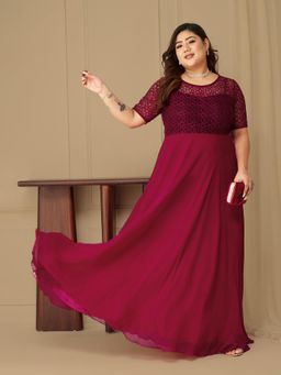 Miss Chase - A+ Curve Collection Plus Size Womens Dark Pink Round neck Maxi Dress