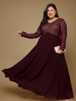 Miss Chase - A+ Curve Collection Plus Size Womens Wine V Neck Georgette Maxi Dress