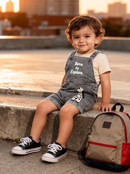 MINI KLUB - Grey Cotton Regular Dungaree With T-Shirt