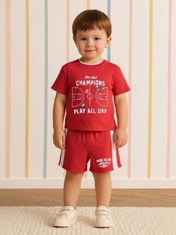 MINI KLUB - Red Cotton Regular T-Shirt With Shorts