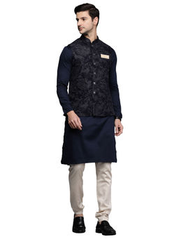 Manyavar - Mens Rayon Blend Kurta Churidar with Printed Jacket (Navy Blue) (Set of 3)