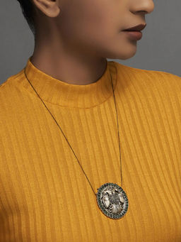 Divas Mantra - 92.5 Silver Oxidised Two Peacocks Pendant with Green Spinel Stone