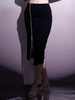 AAREIN - Women Black Embellished Front Slit Pencil Skirt