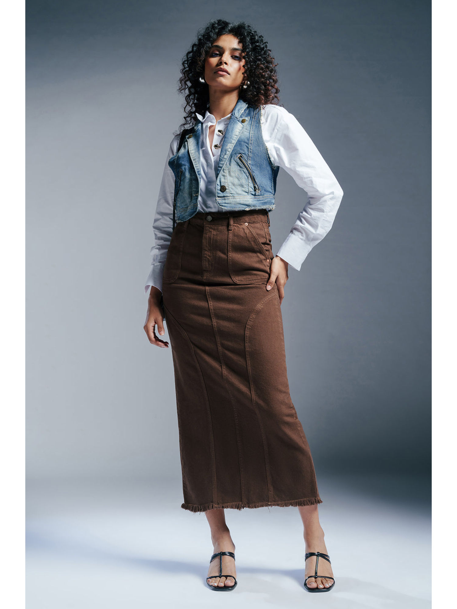 Buy FREAKINS Brown Cinnamon Swirl Denim Carpenter Skirt (26) Online