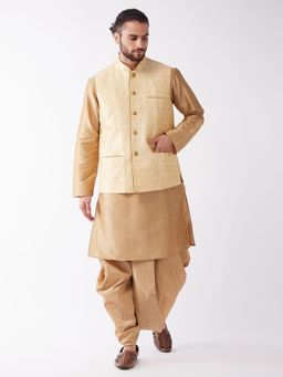 Vastramay - Mens Rose Gold Silk Blend Jacket, Kurta with Dhoti (Set of 3)