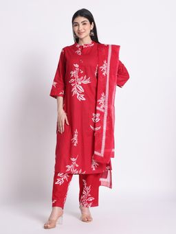 SILSELAH - Red Women Floral Printed Cotton Kurta with Pant and Dupatta