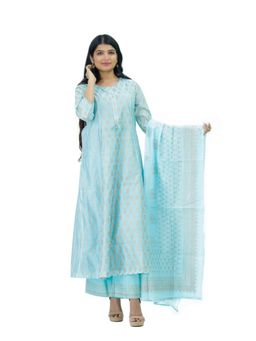 SILSELAH - Blue Floral Printed Panelled A-Line Kurta with Palazzos and Dupatta