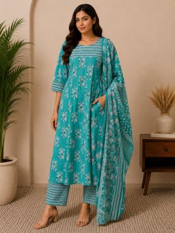 SILSELAH - Blue Floral Printed Pure Cotton Kurta with Pant and Dupatta