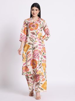 SILSELAH - White Floral Printed V-Neck Pure Cotton Straight Co-Ord Set