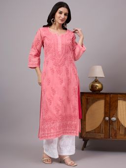 The Chikan Label - Naina Cotton Chikankari Straight Kurti with Inner-Peach