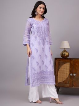 The Chikan Label - Naina Cotton Chikankari Straight Kurti with Inner-Lavender