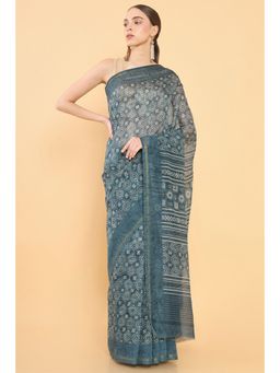 Soch - Women Teal Chanderi Printed Saree with Unstitched Blouse