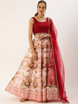 Ethnovog - Ready To Wear Maroon And Pink Printed Kali Lehenga (Set of 3)