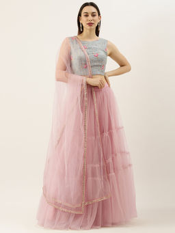 Ethnovog - Ready To Wear Blue Chinon Embroidered And Pink Tiered Lehenga (Set of 3)