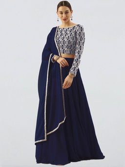 Ethnovog - Ready To Wear Dark Blue Georgette Embroidered Boat Neck Lehenga (Set of 3)