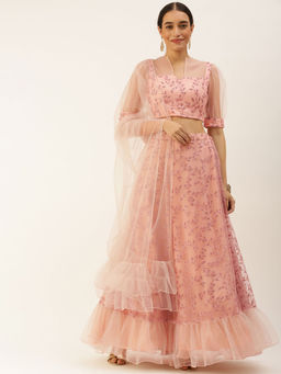 Ethnovog - Ready To Wear Pink Foil Printed Net Lehenga (Set of 3)