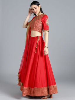 Ethnovog - Ready To Wear Red Embroidered Lehenga (Set of 3)