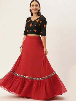 Ethnovog - Ready To Wear Black And Tomato Red Embroidered Lehenga (Set of 2)