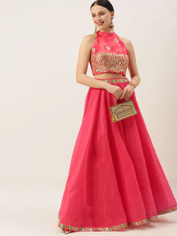 Ethnovog - Ready To Wear Pink Halter Neck Crop Top And Skirt (Set of 2)