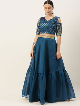 Ethnovog - Ready To Wear Blue Chanderi Embroidered Blouse And Blue Skirt (Set of 2)