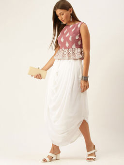 Ethnovog - Ready To Wear Brown Embroidered And White Crop Top And Skirt (Set of 2)