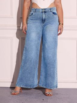 Miss Chase - A+ Curve Collection Plus Size Women's Light Blue Wide-Leg Denim Jeans