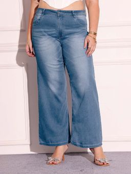 Miss Chase - A+ Curve Collection Plus Size Women's Light Blue Wide-Leg Denim Jeans