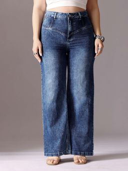 Miss Chase - A+ Curve Collection Plus Size Women's Blue High Rise Denim Wide Leg Jeans