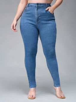 Miss Chase - A+ Curve Collection Plus Size Women's Blue Solid Skinny Denim Jeans