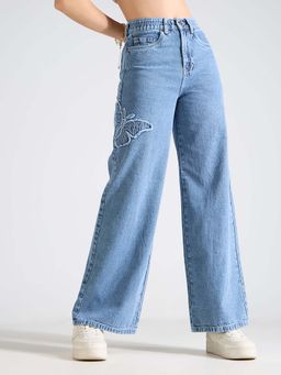TARAMA - Woemn High-Waist Wide Leg Jeans with Butterfly Embroidery