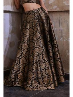 Tjori - Black Banarasi Jacquard Kalidar Flared Skirt with Tassels