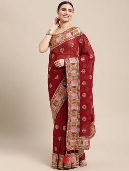 Vastranand - Maroon Embroidered Heavy Border Saree with Unstitched Blouse