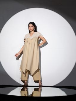 Swtantra - Beige Crepe with Knit Yoke with Cowri Lace Embellised & Plain Straight Pant (Set of 2)