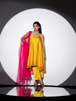 Swtantra - Yellow Satin Kurta with Palazzo & Net Duppatta with Lace (Set of 3)