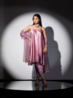 Swtantra - Pink Stripe Satin Kurta, Palazzo & Organza Sparkle Duppatta with Lace (Set of 3)