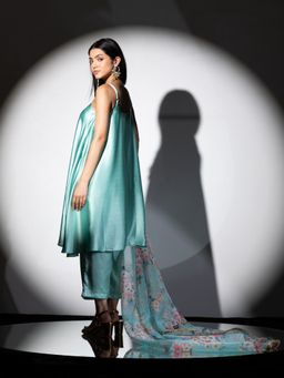 Swtantra - Mint Stripe Satin Kurta, Pants & Organza Printed Duppatta with Lace (Set of 3)