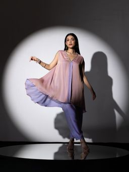 Swtantra - Peach & Lavendar Slub Satin Flared Top with Palazzo Pant (Set of 2)