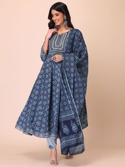 Indya - Dark Blue Grid Print Cotton Anarkali Kurta With Pants And Printed Dupatta (Set of 3)