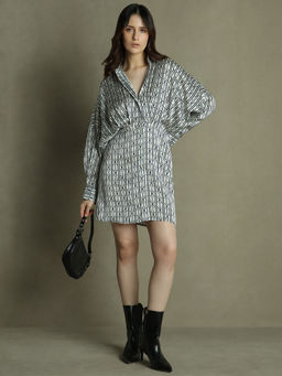 DL WOMAN - Black Geometric Print Shirt Collar Satin Dress