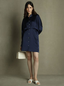 DL WOMAN - Dark Blue Solid Shirt Collar Satin Dress