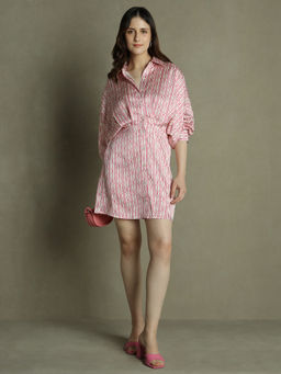 DL WOMAN - Pink Geometric Prints Shirt Collar Satin Dress
