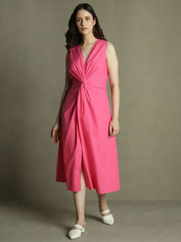 DL WOMAN - Pink Solid V-Neck Knotted Dress