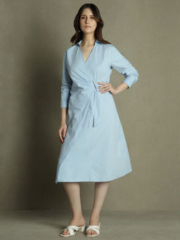 DL WOMAN - Powder Blue Solid V-Neck Wrap Dress