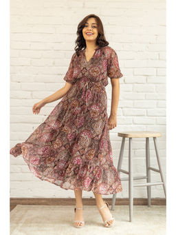 Polago Clothing - Brown Paisley Printed Maxi Dress