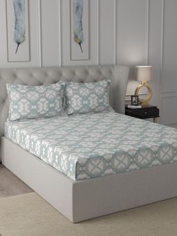 Inhouse by Maspar - Ardour 200 TC Jonas Printed Blue Cotton Bed Sheet With 2 Pillow Covers
