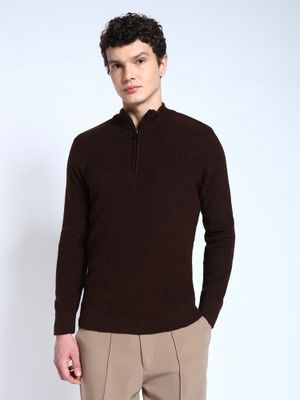Buy Perch Men's Solid Ribbed Zip Top Pullover Brown Sweater (XS