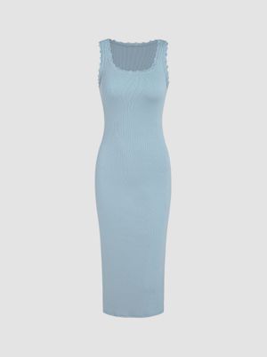CIDER Split Sleeveless Midi Dress - Lightweight Stretchy Knit, Solid Color, Round Neck